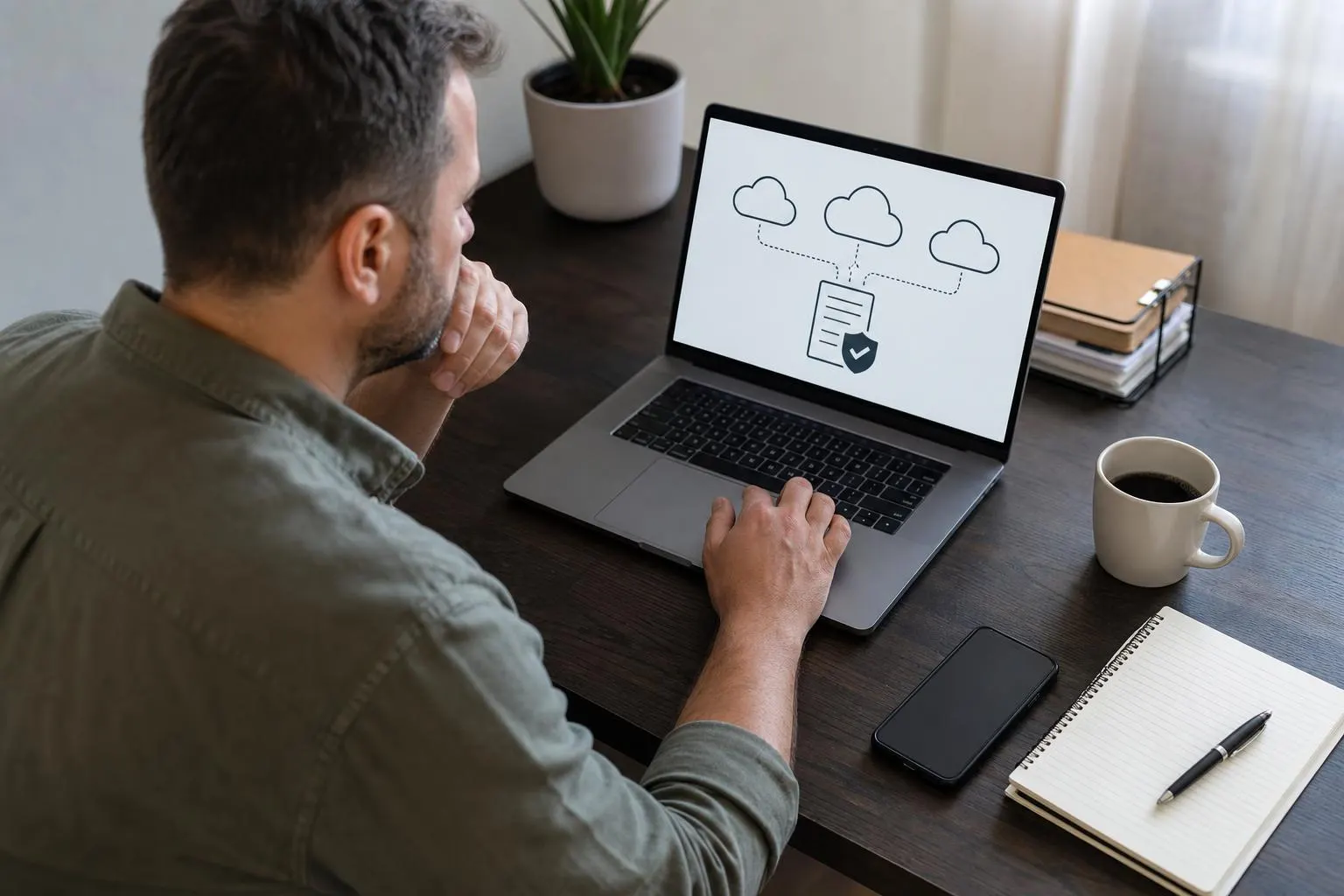 Small business owner reviewing vendor contracts and contingency plans at a desk.