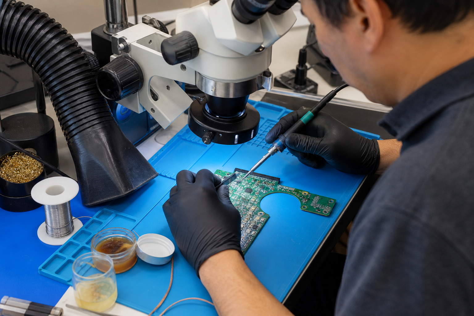 Technician performing micro-soldering on a PCB with microscope and fume extraction at a repair bench.