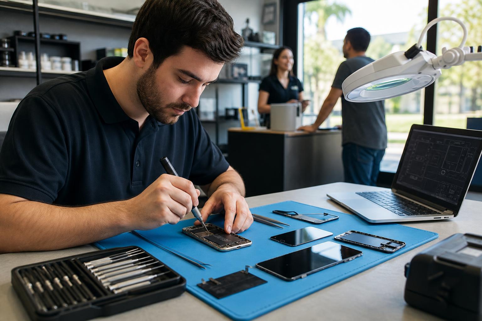 Technician repairing a smartphone on a clean bench with repair tools and diagnostic laptop in a local phone repair shop.