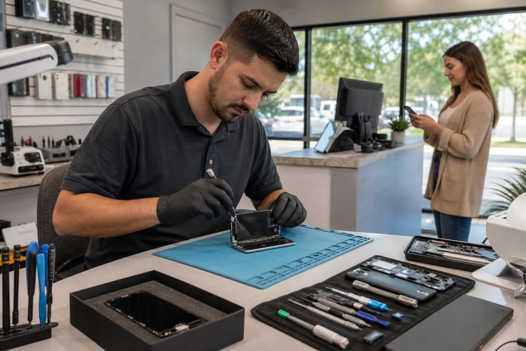 Technician repairing a smartphone at Fixit Solutions bench in Lake Forest, CA
