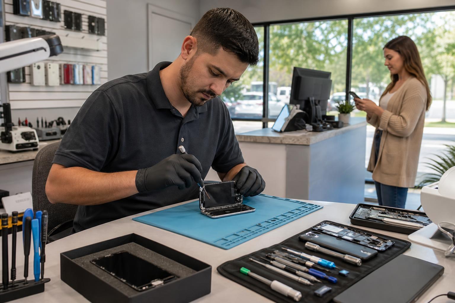 Technician repairing a smartphone at Fixit Solutions bench in Lake Forest, CA