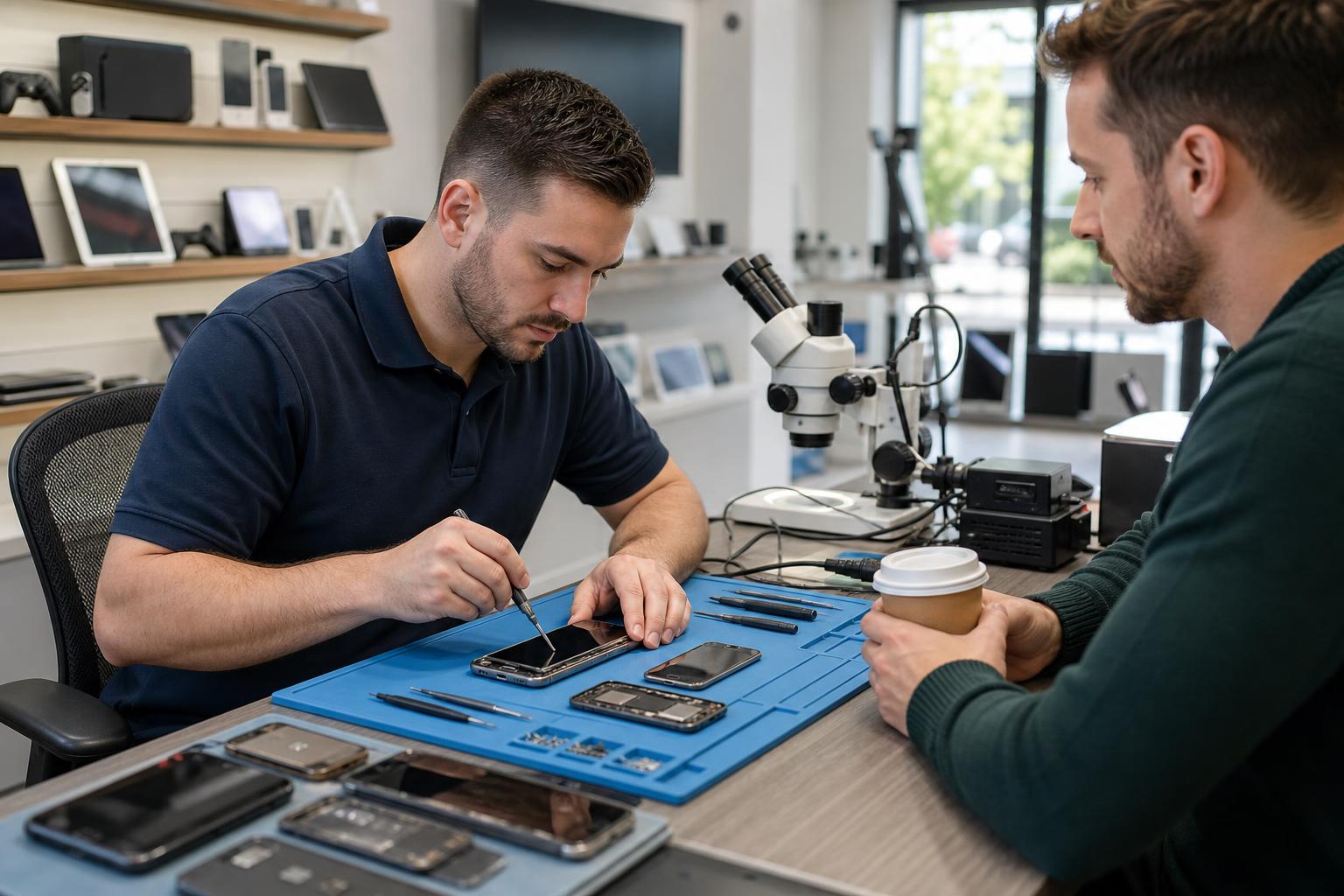 Technician replacing a smartphone screen at a professional phone repair bench in a storefront