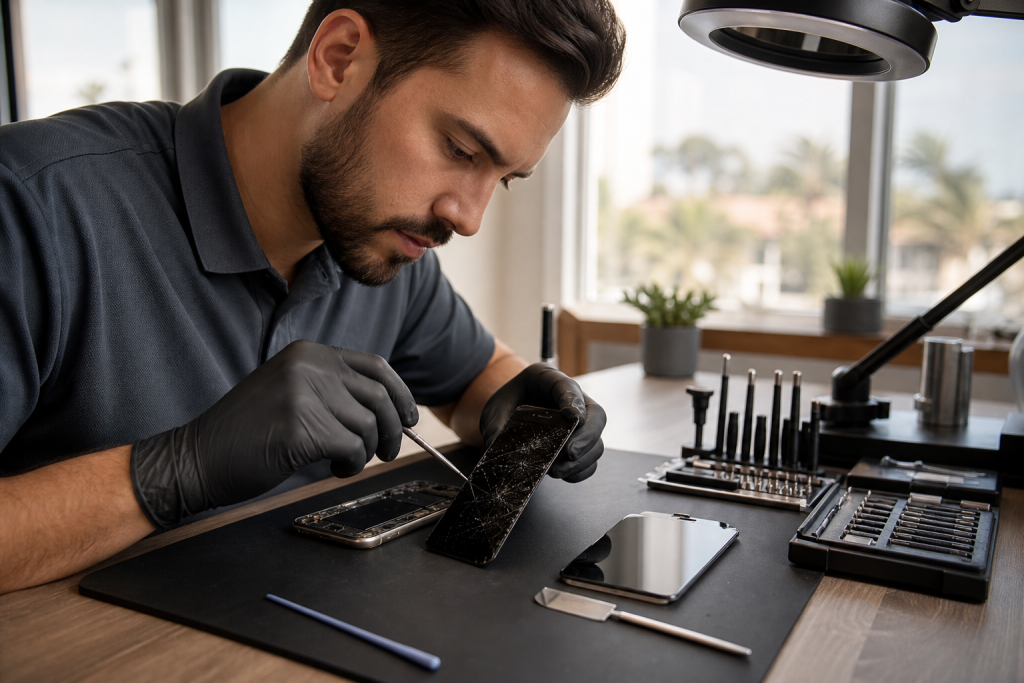 Technician replacing a cracked smartphone screen at a clean repair bench with tools and a replacement screen