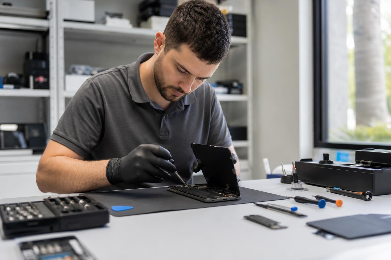 Technician replacing a smartphone screen on a clean repair bench with tools