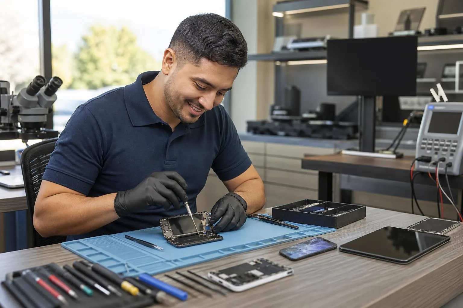 Technician replacing an iPhone screen at a local phone repair shop workbench