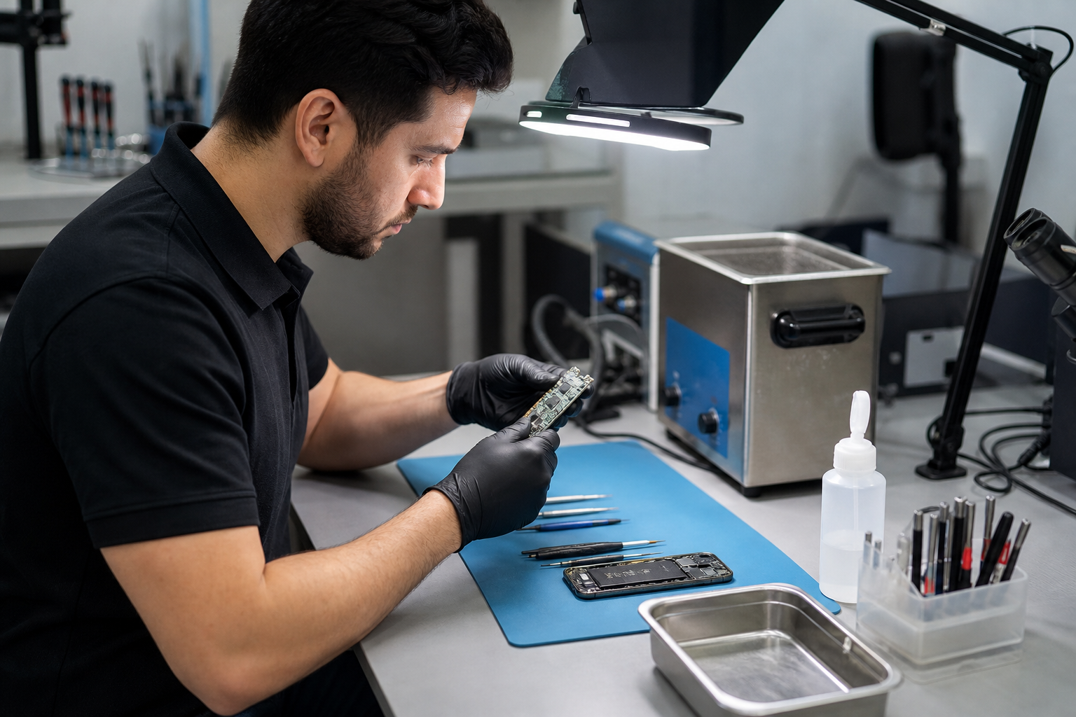 Technician inspecting and cleaning a water-damaged smartphone on a repair bench