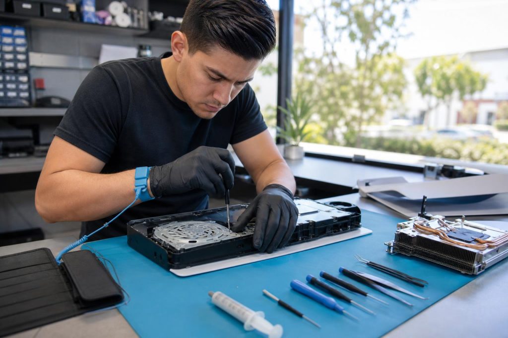 Technician disassembling a PlayStation 5 on an ESD-safe mat with precision tools for thermal paste replacement