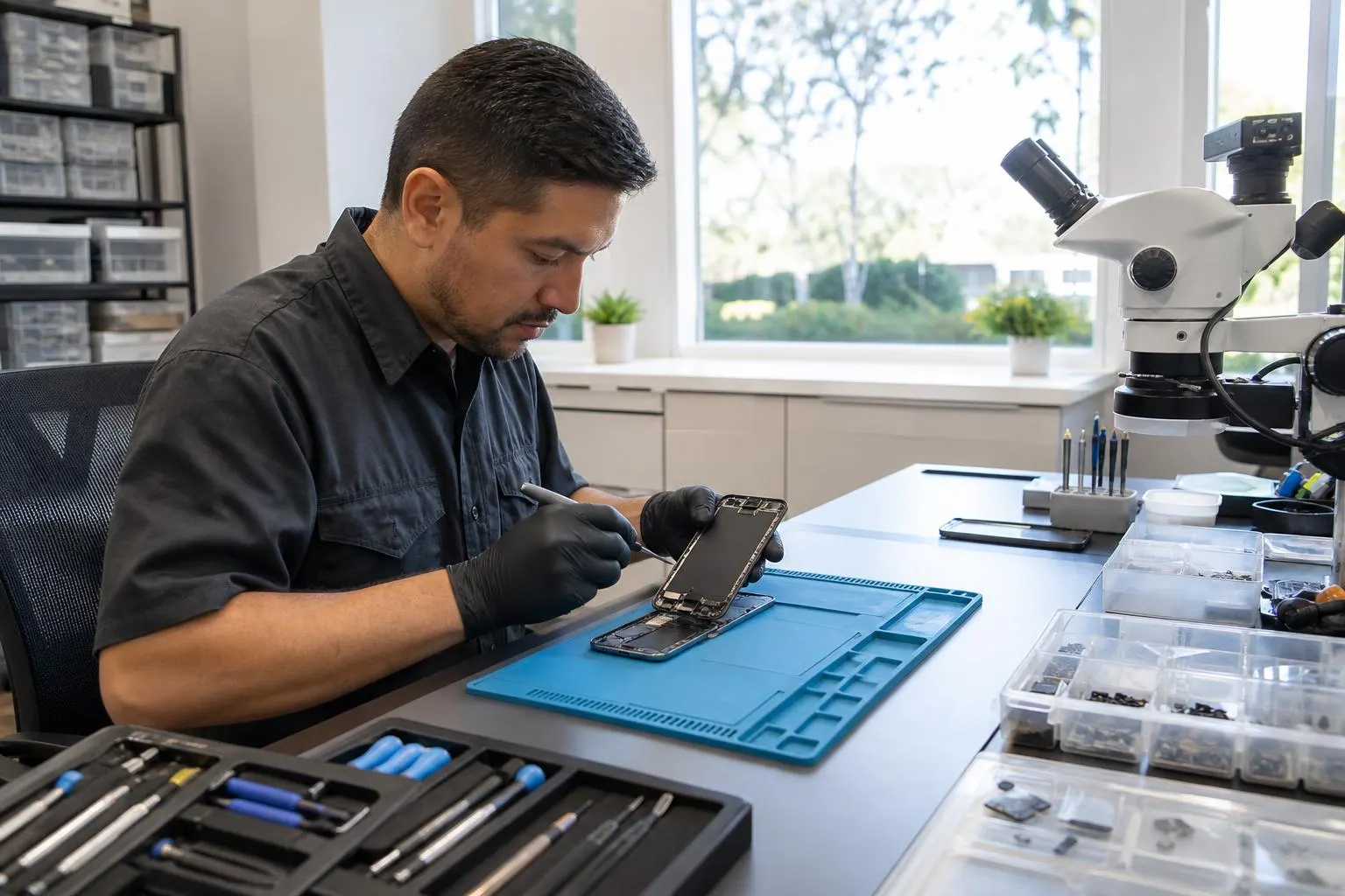 Technician replacing a smartphone screen at a clean repair bench with organized tools