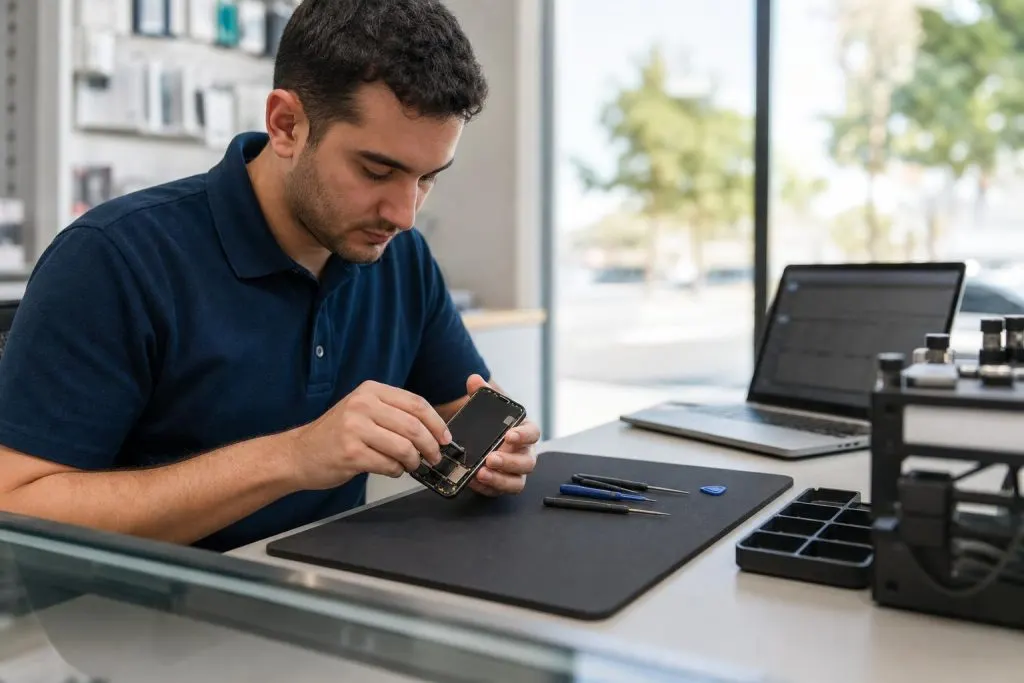 Technician repairing an iPhone screen at a clean local repair shop counter