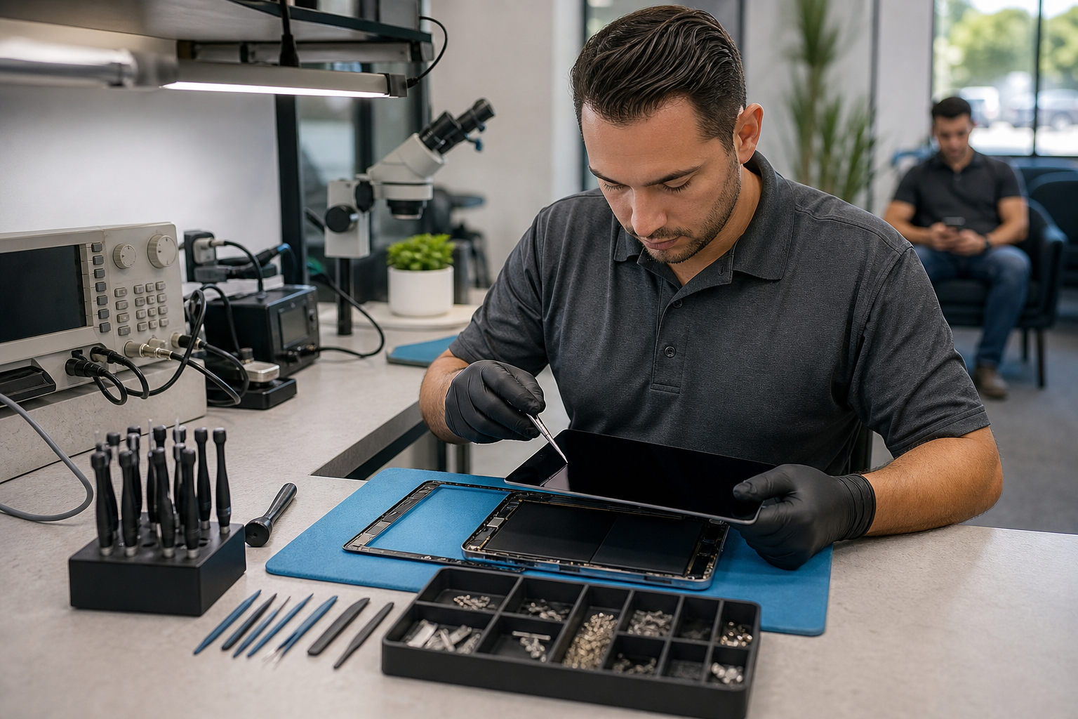 Technician repairing a tablet screen at a clean electronics repair bench