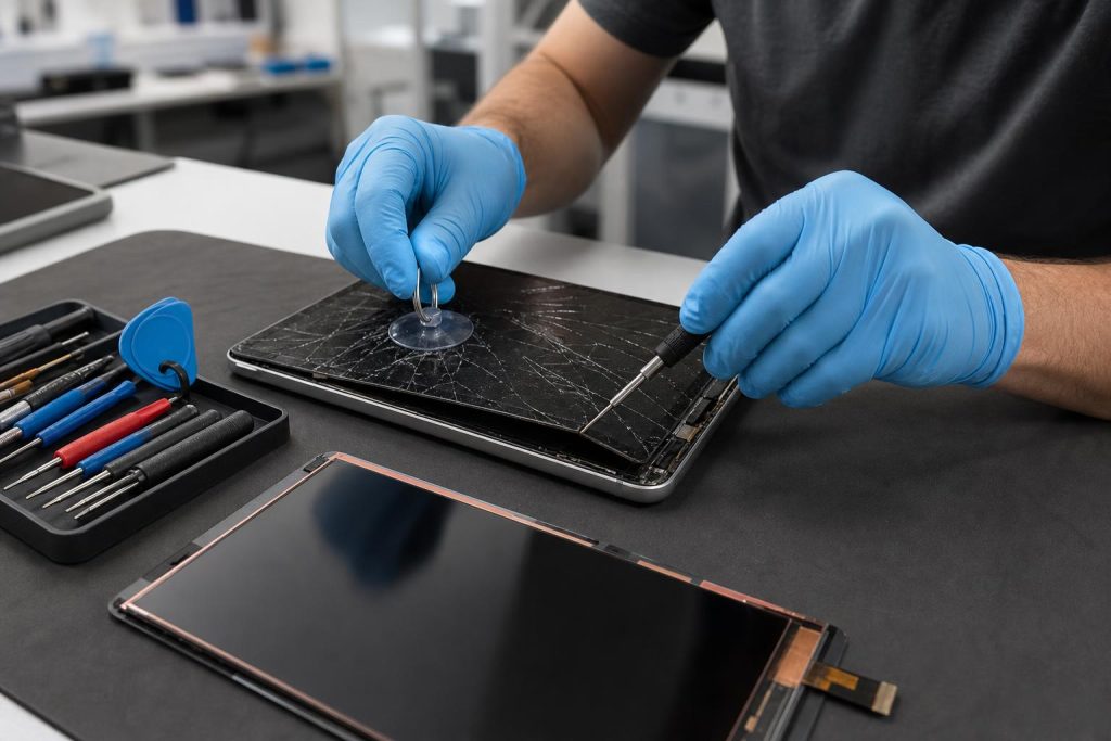 Technician replacing a cracked tablet screen on a repair bench with precision tools