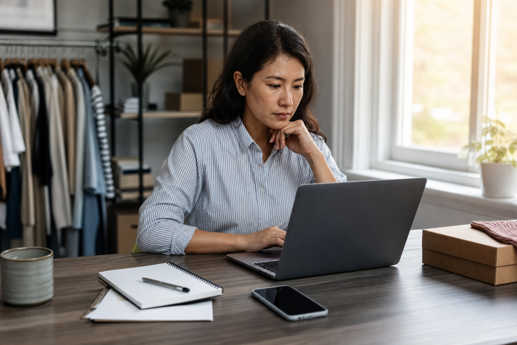 Small-business owner reviewing online advertising and privacy settings on laptop