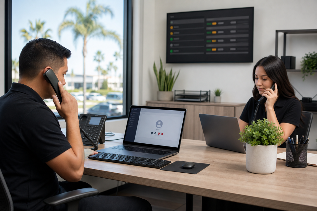 Orange County small office with staff using VoIP desk phones and laptops, natural daylight and palm trees outside