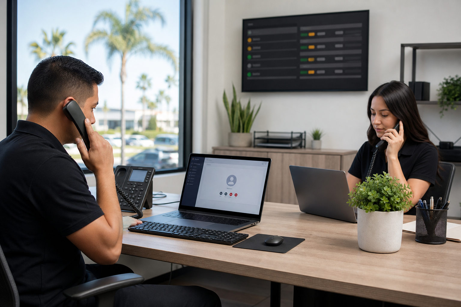 Orange County small office with staff using VoIP desk phones and laptops, natural daylight and palm trees outside