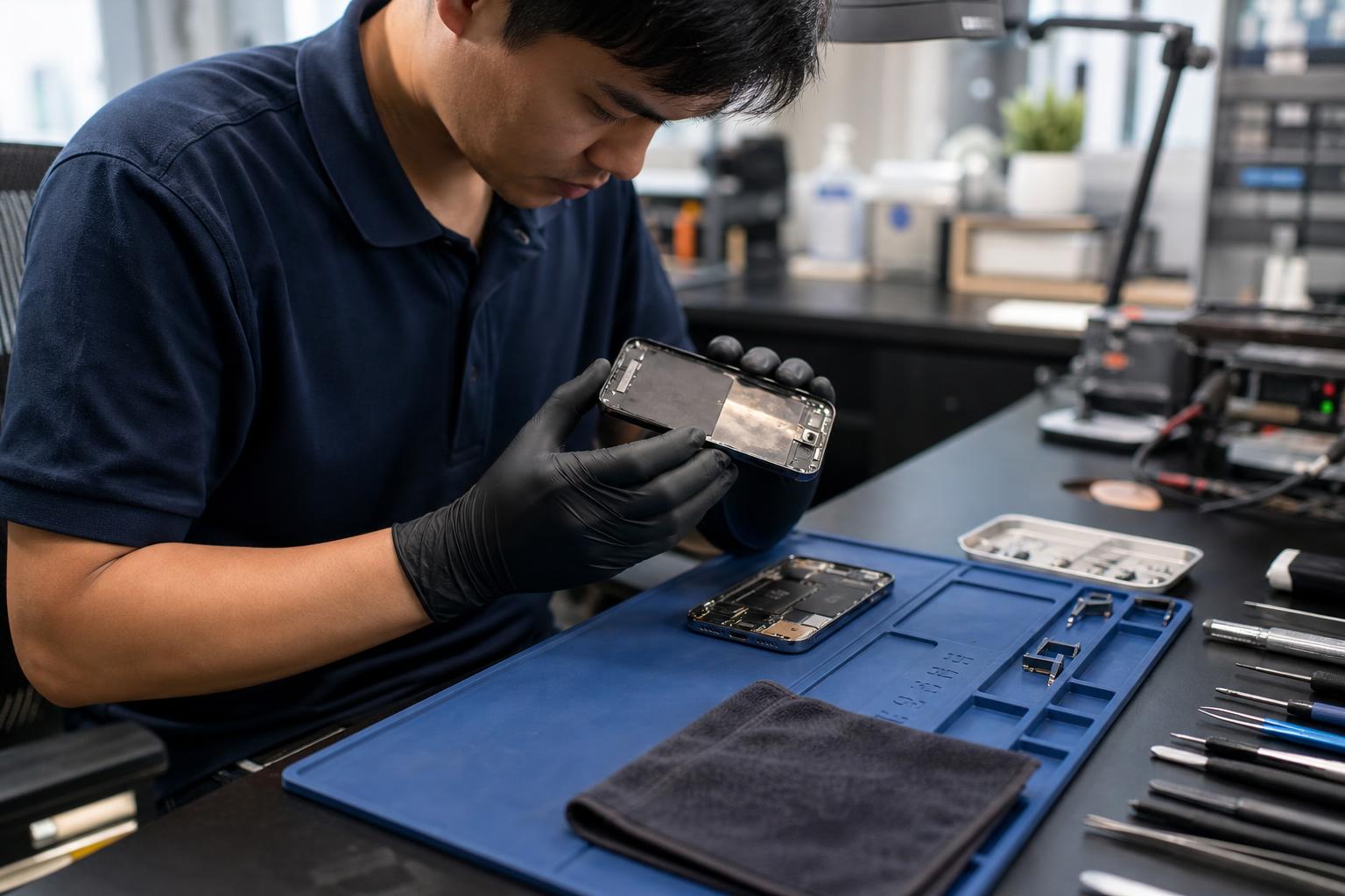 Technician inspecting a water-exposed smartphone on a repair bench with tools and cleaning materials.
