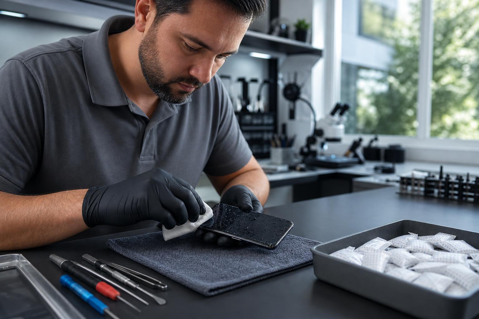 Technician inspecting a water-damaged smartphone at a repair bench