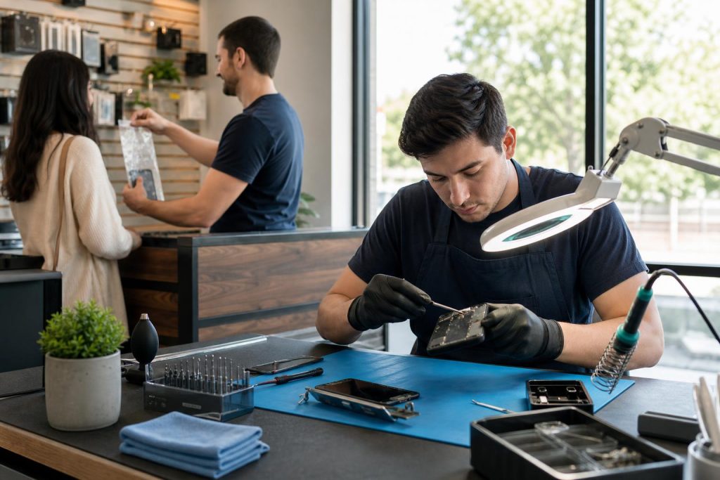 Technician inspecting a water-damaged phone on a repair bench at a local repair shop