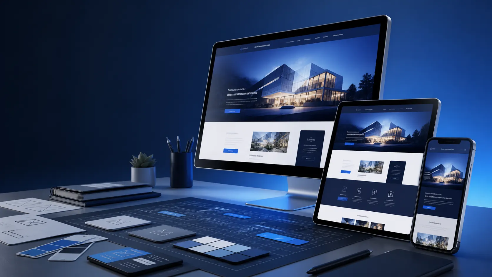 Responsive website design shown across desktop, tablet and mobile devices