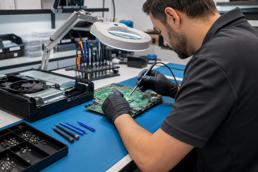 Technician repairing an Xbox HDMI port on a clean bench with precision tools and magnifier