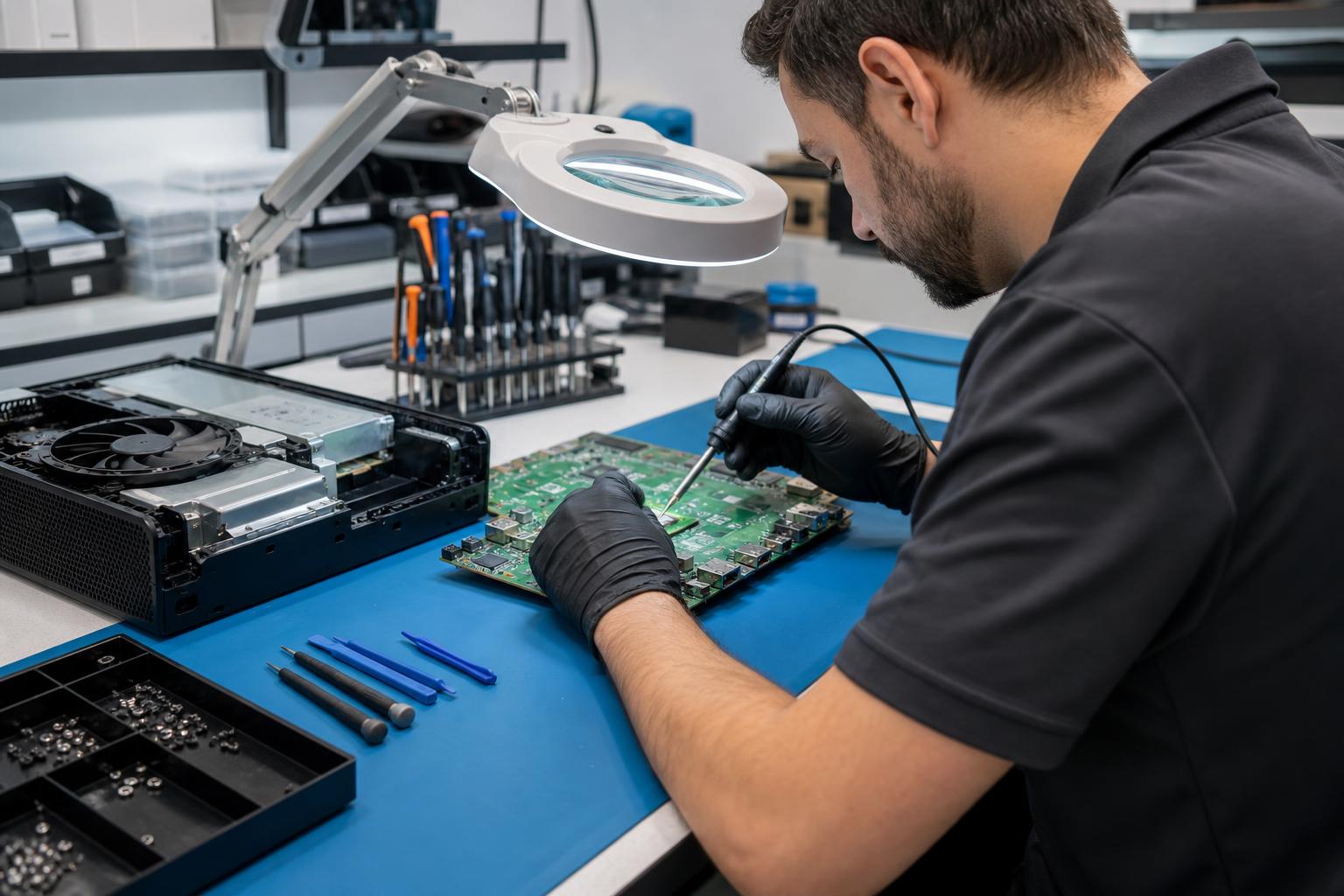 Technician repairing an Xbox HDMI port on a clean bench with precision tools and magnifier
