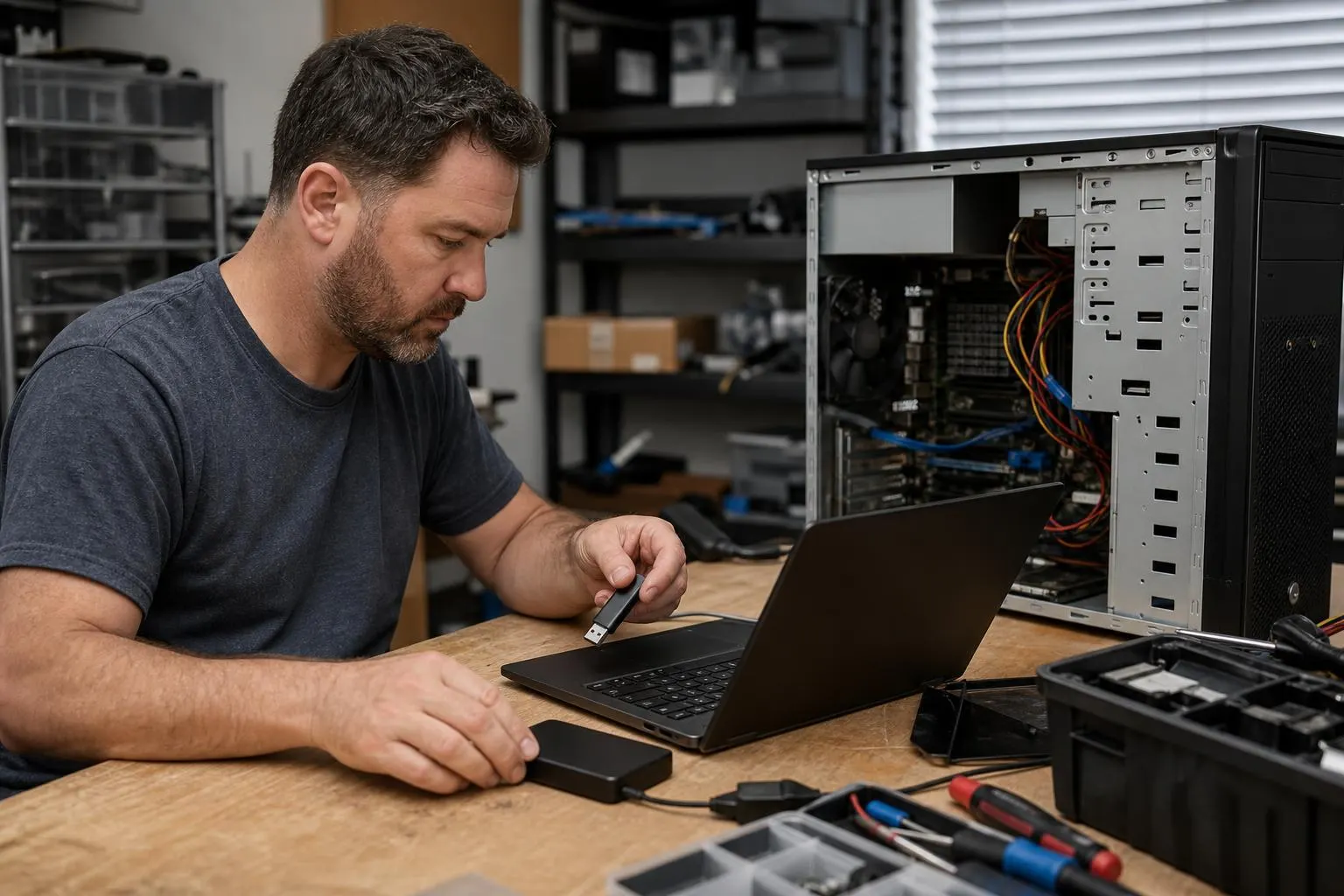 Technician preparing recovery USB and disk-image restore in repair shop