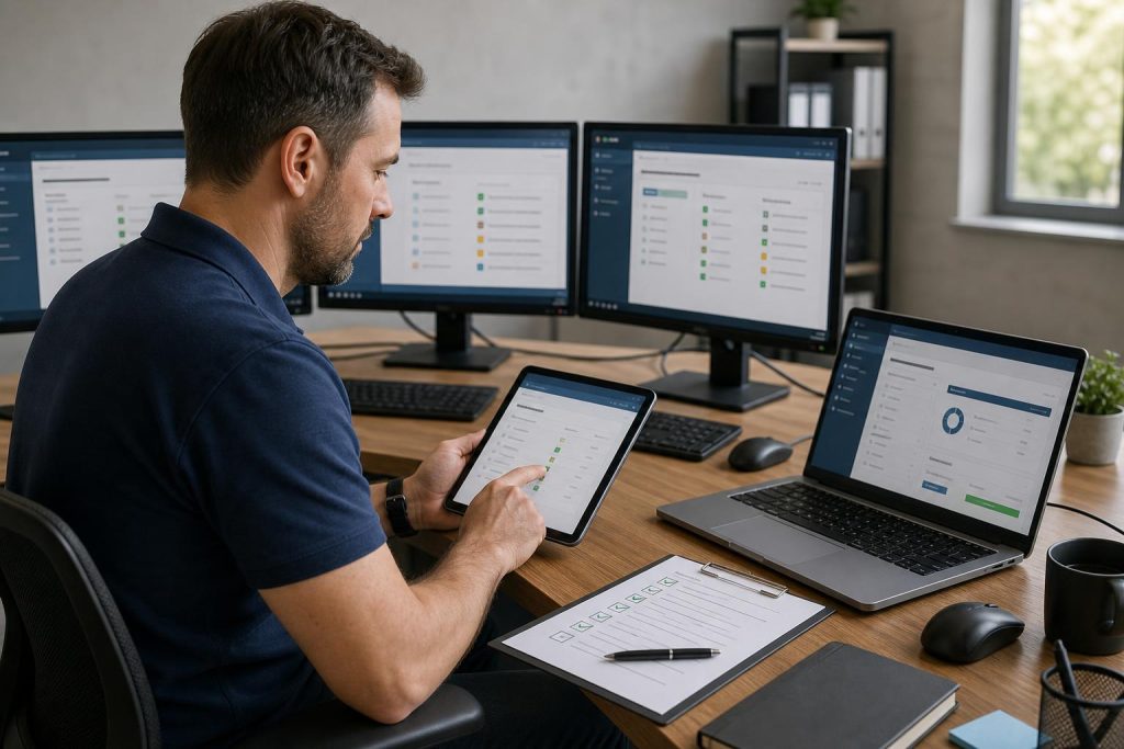 IT technician monitoring multiple Windows 11 updates on workstations in a small office.