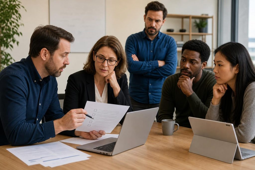 Small business owner and consultant reviewing a Patch Tuesday rollout checklist.