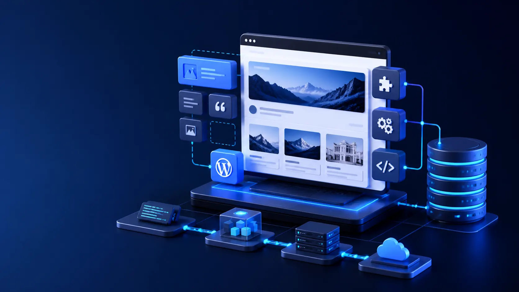 WordPress development system with modular website components, code and database
