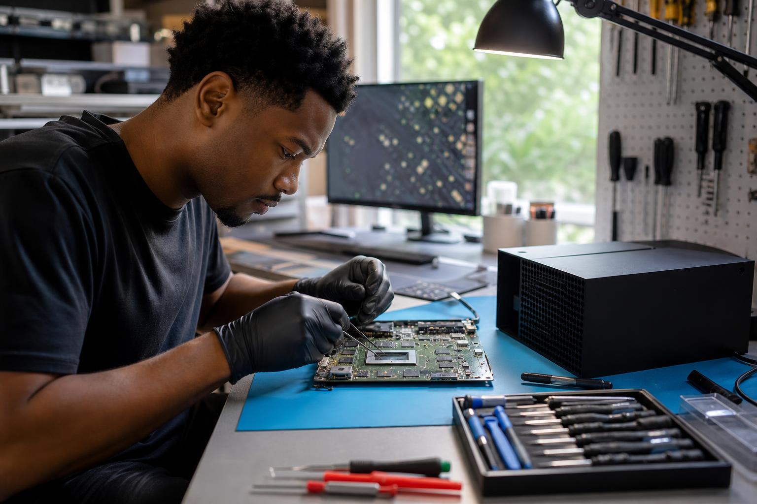 Technician repairing an Xbox Series X motherboard on a clean bench in a local repair shop.