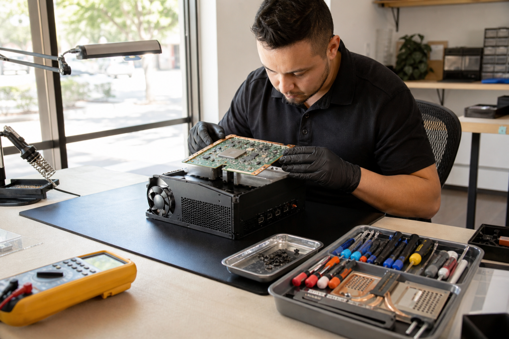 Technician inspecting Xbox Series X internals on a repair bench with tools and replacement parts nearby.