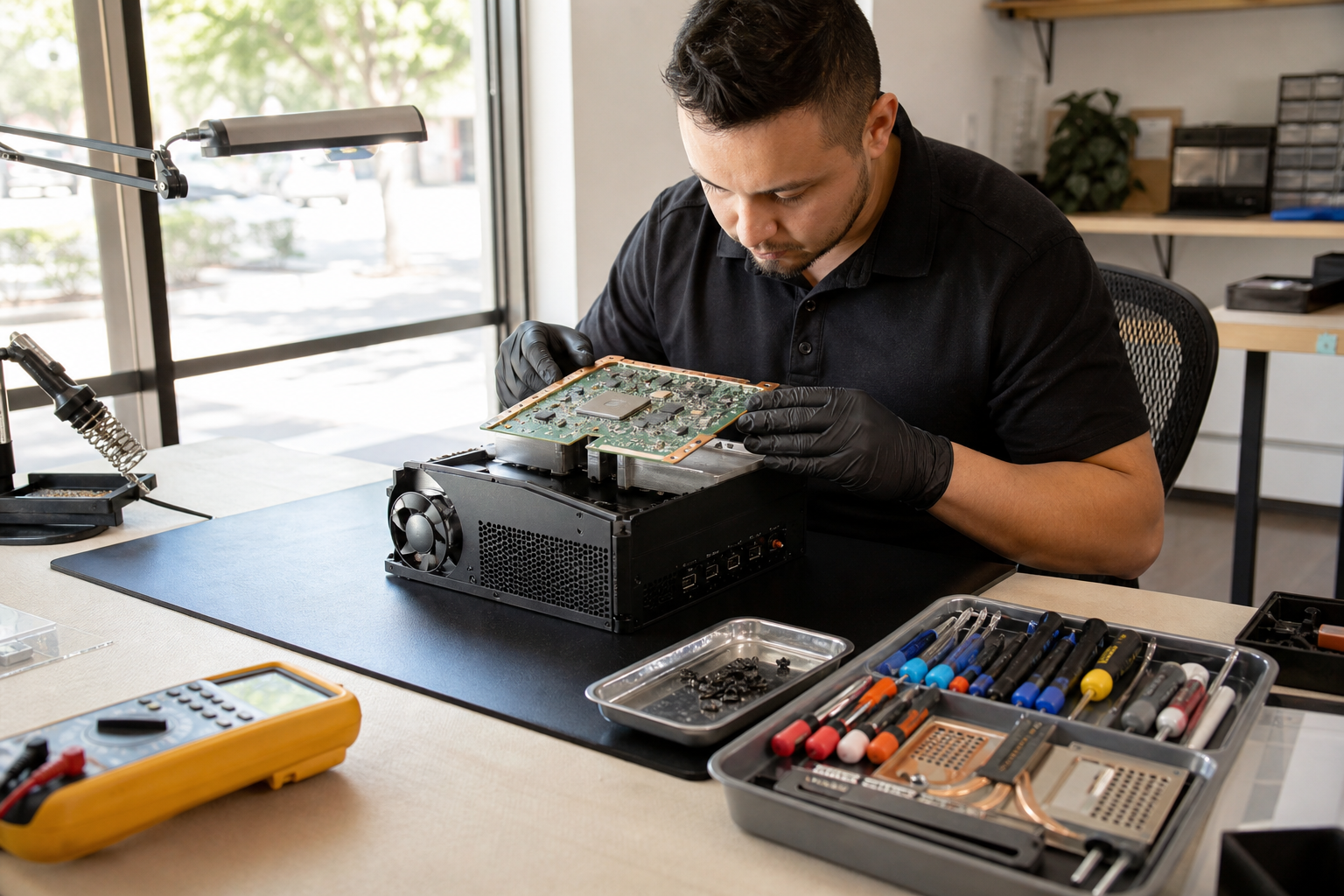 Technician inspecting Xbox Series X internals on a repair bench with tools and replacement parts nearby.