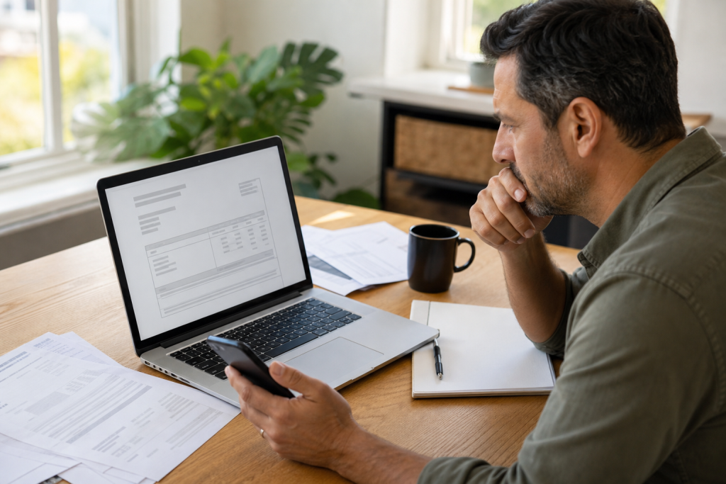 Small business owner reviewing cloud service invoices on a laptop.