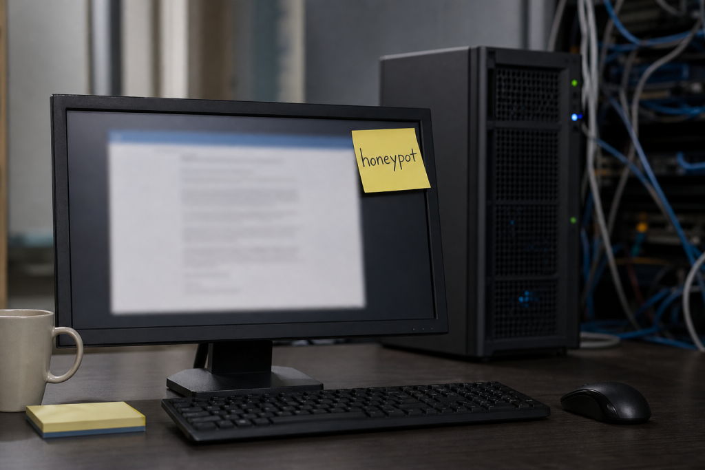 Concept image of a honeytoken document and a local decoy server in a small-business setting.