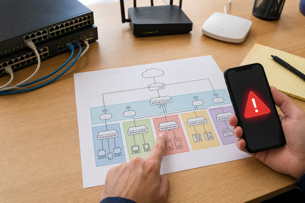 Small-business network diagram highlighting management VLAN and affected switch segments.
