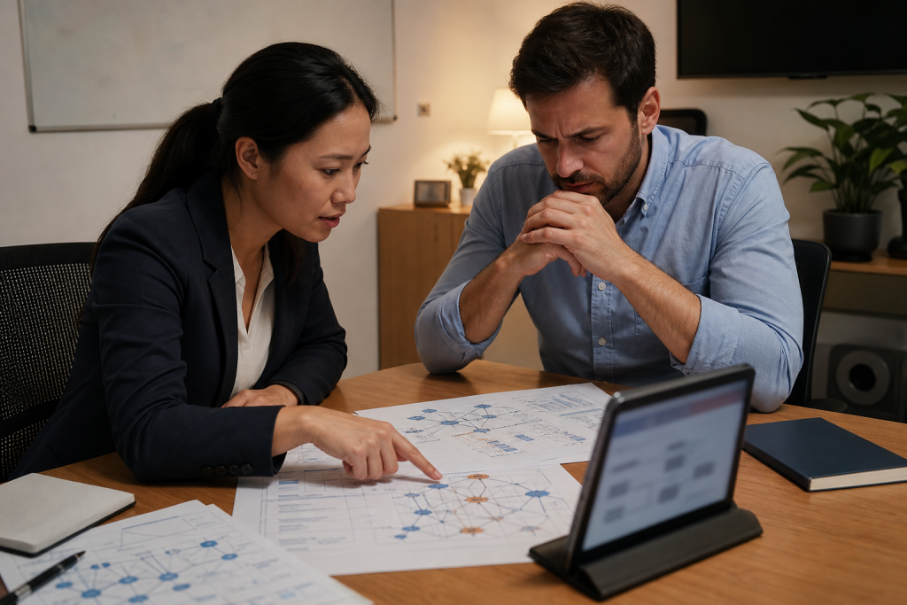 Two colleagues planning emergency patch actions with network diagrams and a tablet
