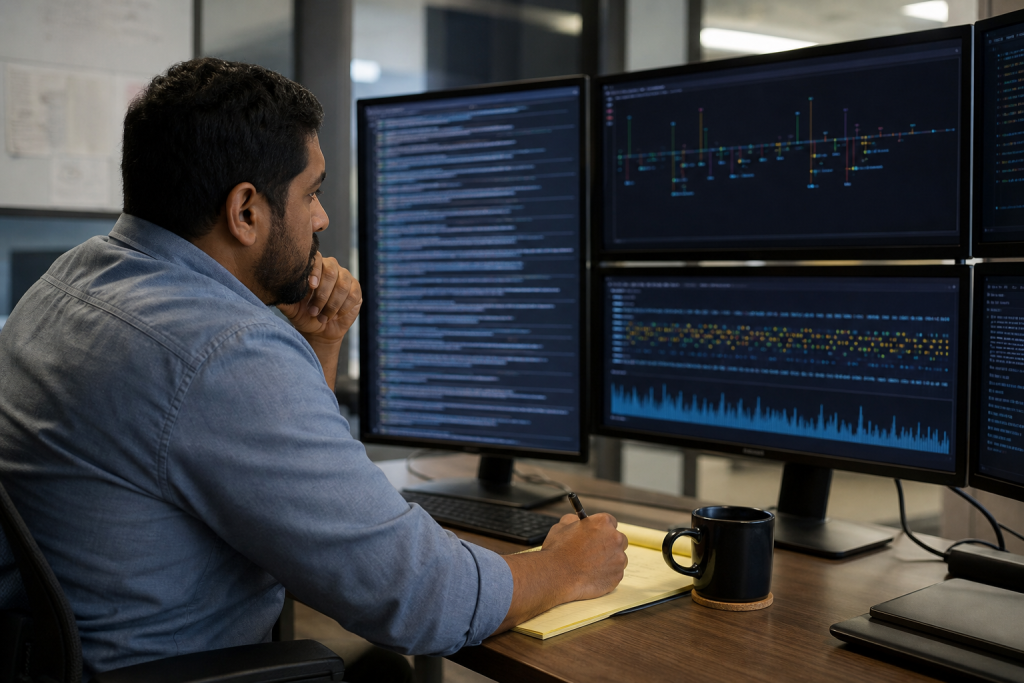Security analyst reviewing logs on multiple monitors for signs of API misuse
