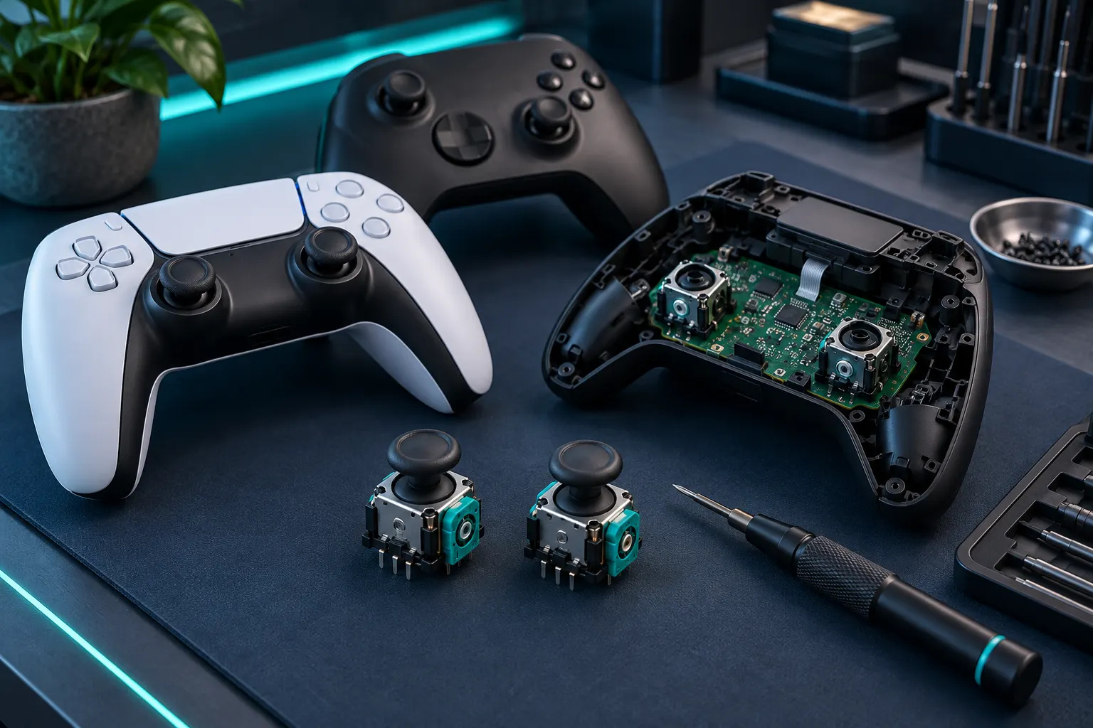 Illustration of PS5-style and Xbox-style controllers with replacement joystick modules for controller repair in Lake Forest