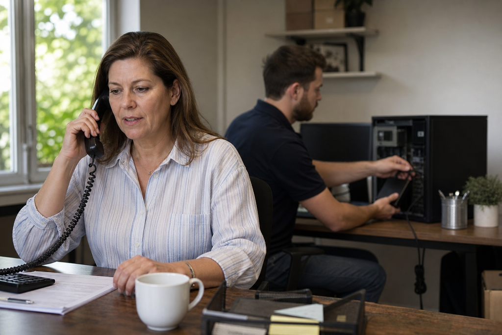 Business owner on a phone with an IT technician backing up server configurations in the background.