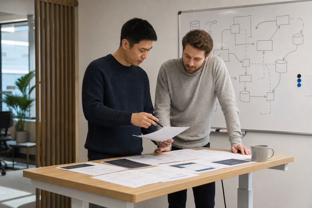 Developers planning integration of a new AI model using architecture diagrams and whiteboard notes