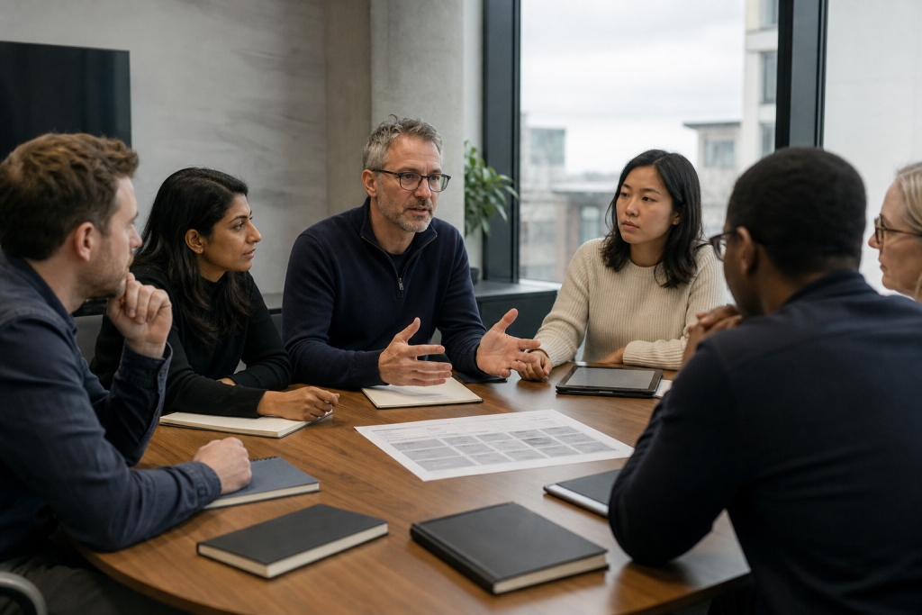 Business leaders and IT staff discussing AI adoption and model comparison in a boardroom.