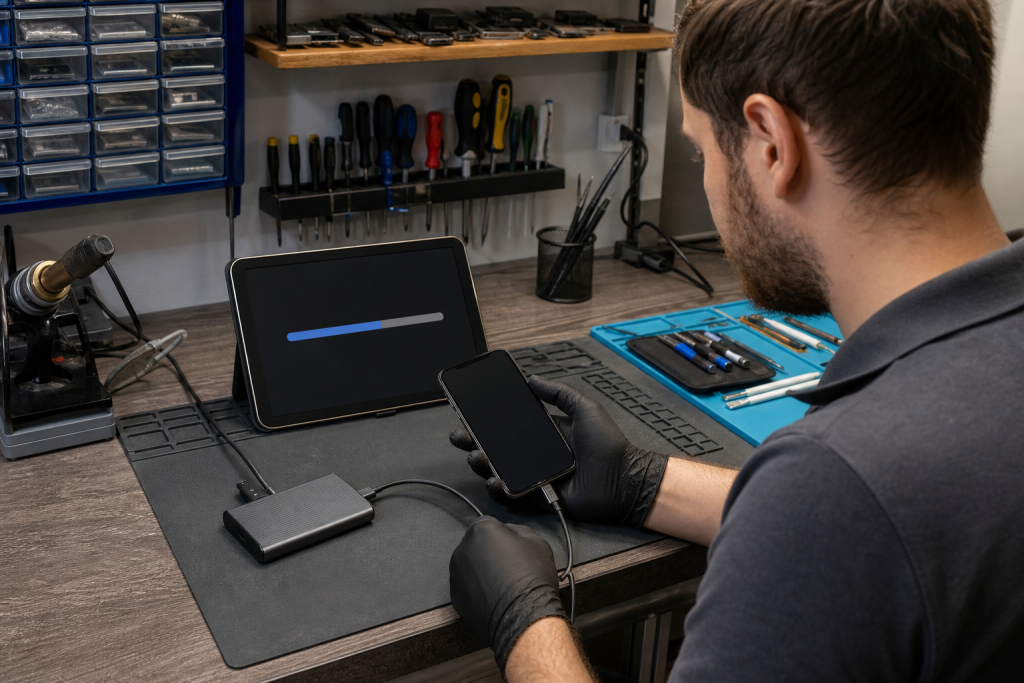 Repair technician backing up a smartphone before an OS update with tools and external drive nearby.