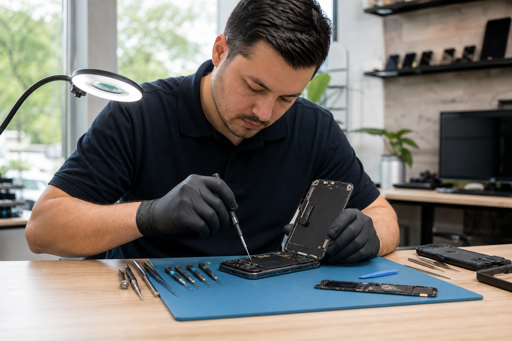 Technician replacing an iPhone 15 Pro screen on a clean repair bench inside a local repair shop.