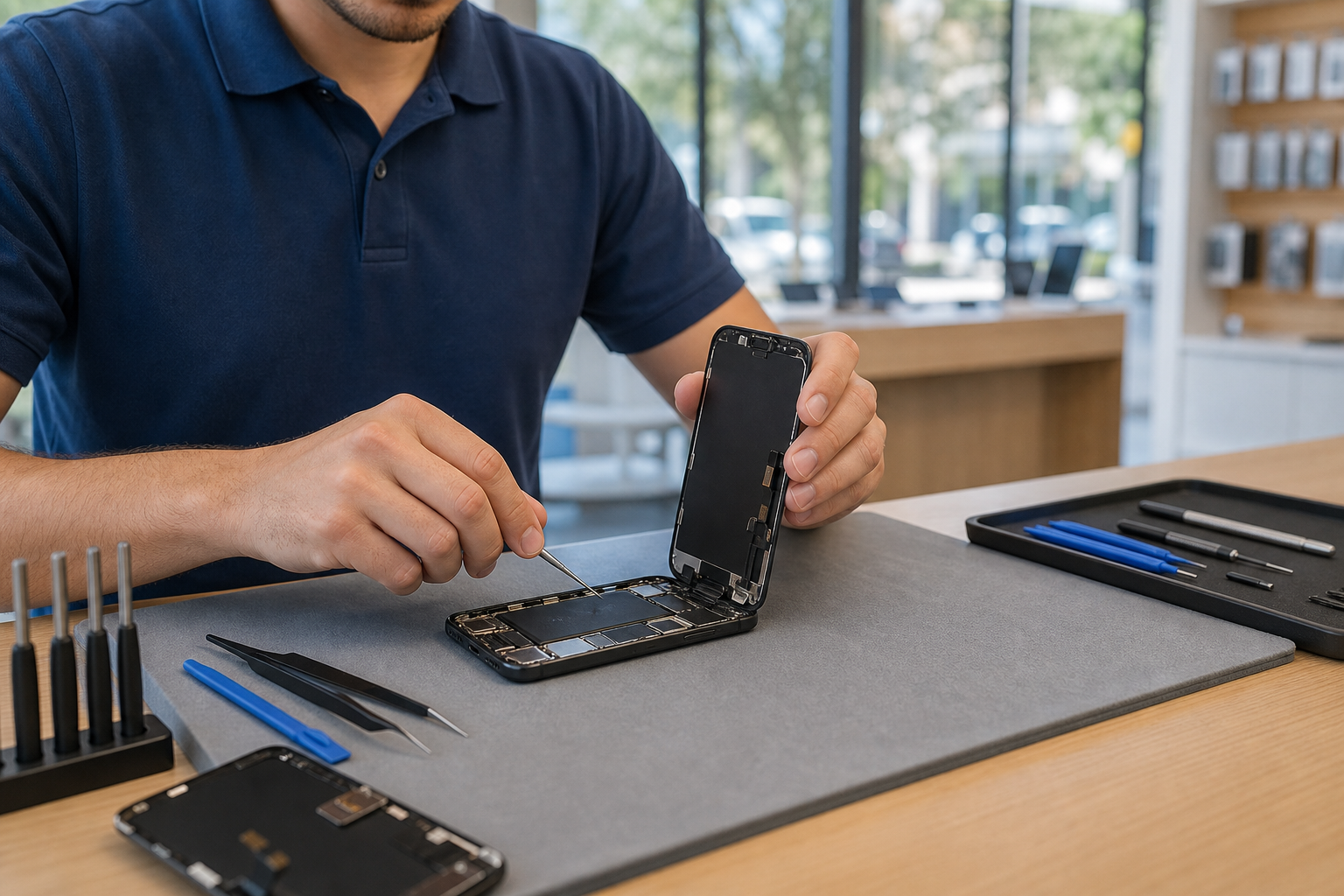 Technician replacing an iPhone 16 screen at a local repair counter with tools on a repair mat