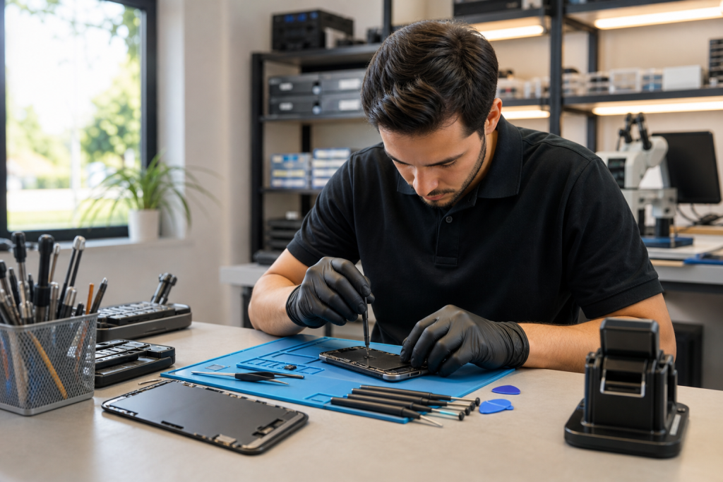 Technician replacing an iPhone 17 Pro screen at a clean repair bench with precision tools and a replacement display.
