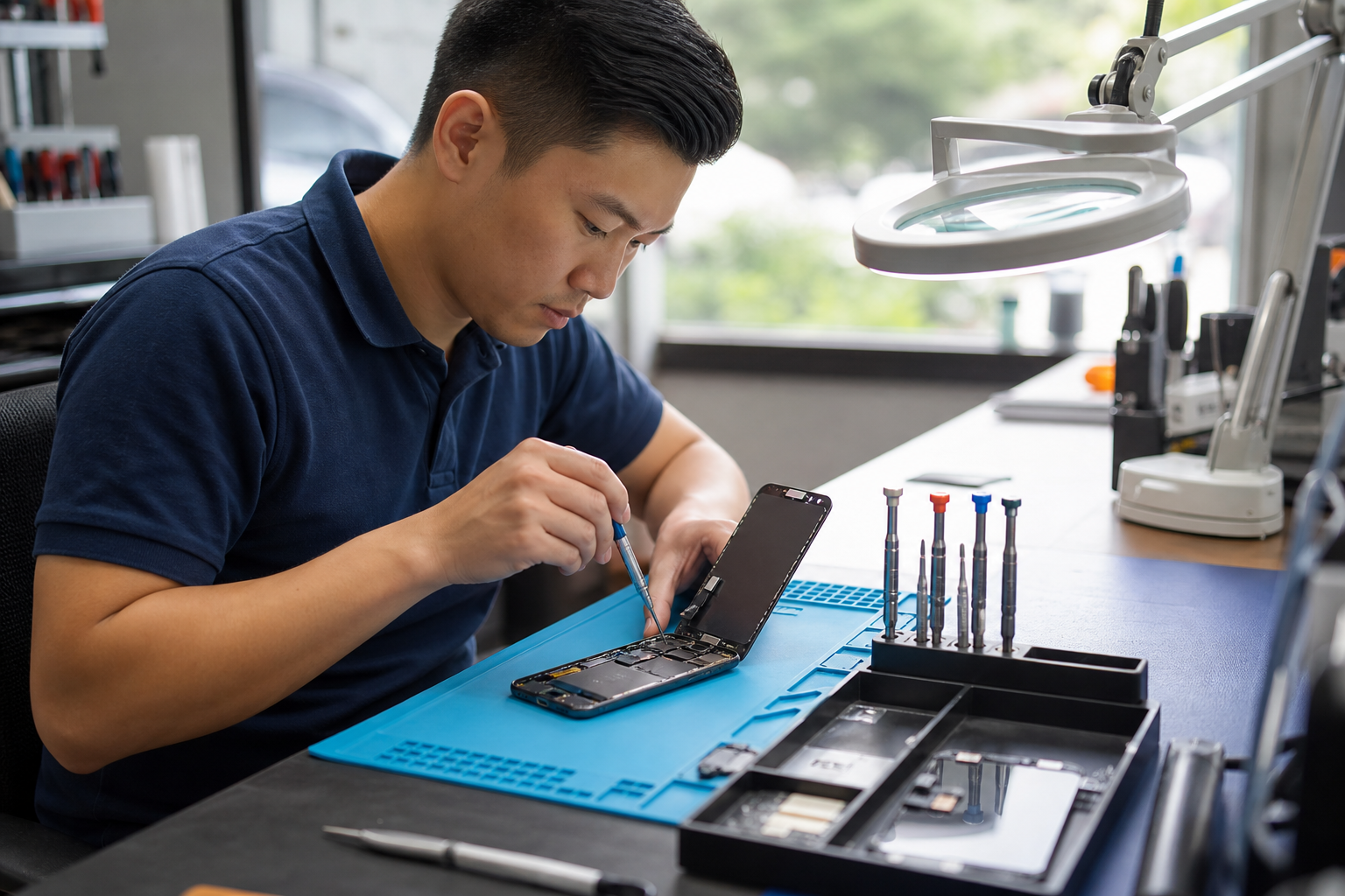 Technician replacing an iPhone 17 screen at a repair bench with tools and parts laid out