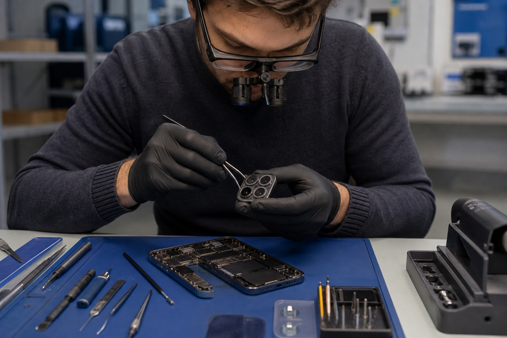 Repair technician examining a smartphone camera module