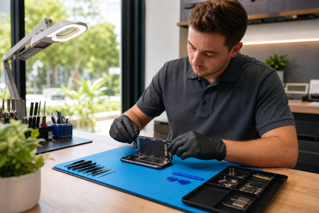 Technician at a repair bench replacing an iPhone screen in a clean Lake Forest repair shop