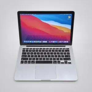 Used silver Apple MacBook Pro A1502 open front view on a gray background