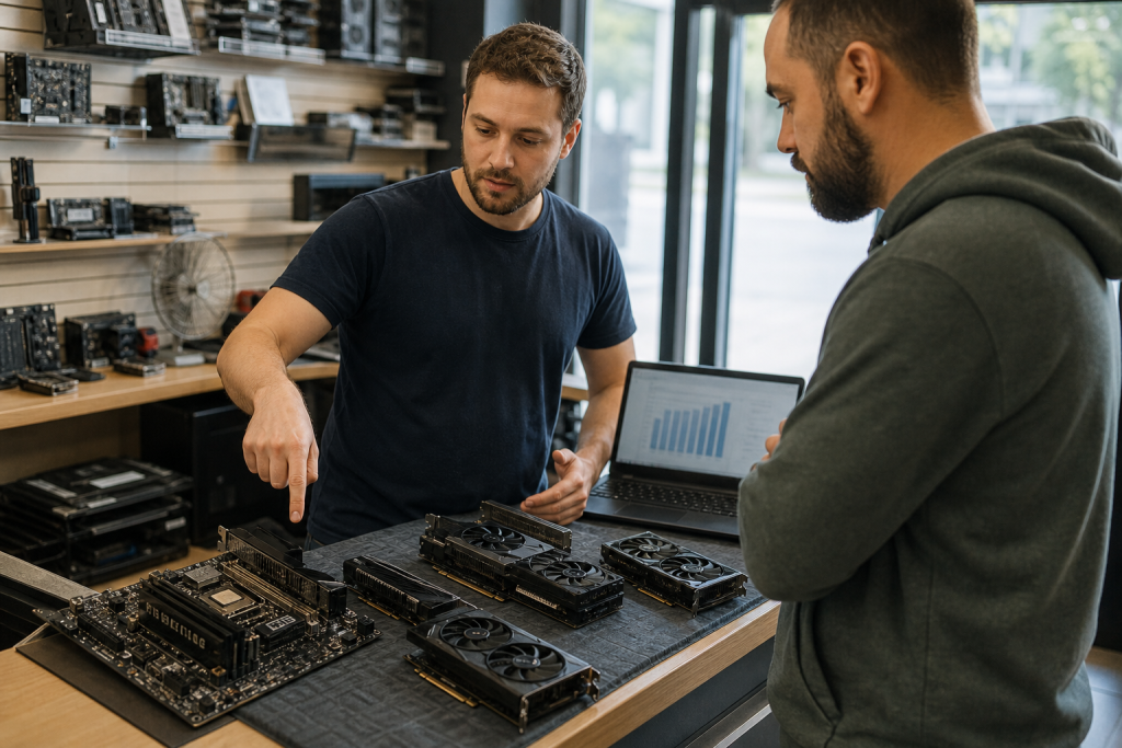 Technician advising a customer about GPU upgrade options in a local PC repair shop.