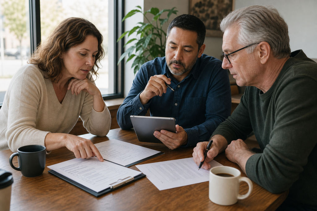 Small-business owners reviewing an AI preparedness checklist in a meeting.